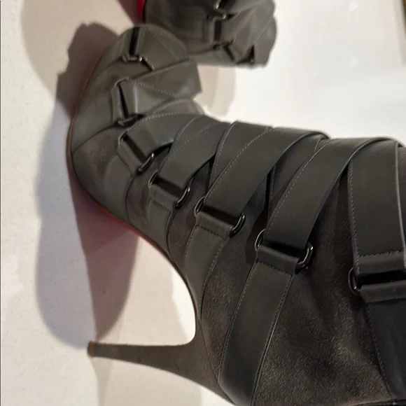 Christian Louboutin Gray Heeled Boots with Strappy Design